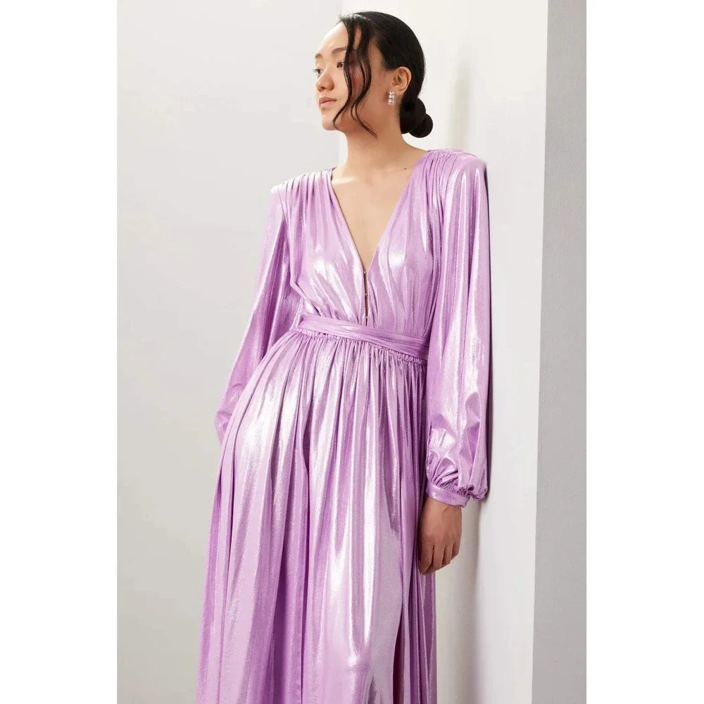 Bronx & Banco Zoe Lame Gown Maxi Dress Purple Lilac Plunge Slits Sz 4 US / Small - Picture 6 of 16